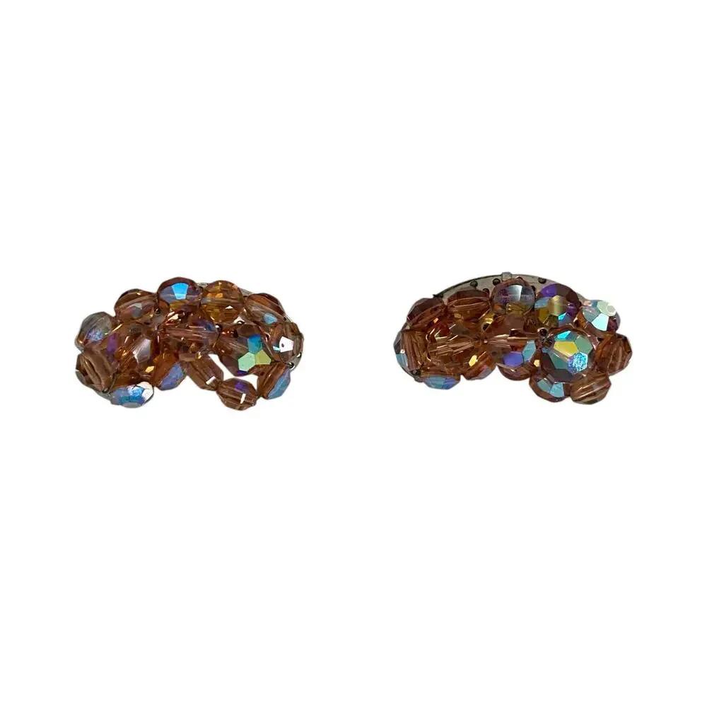 Smoky Topaz Rootbeer Rhinestone Bead Brass Cap Kidney Shape Clip On Earrings